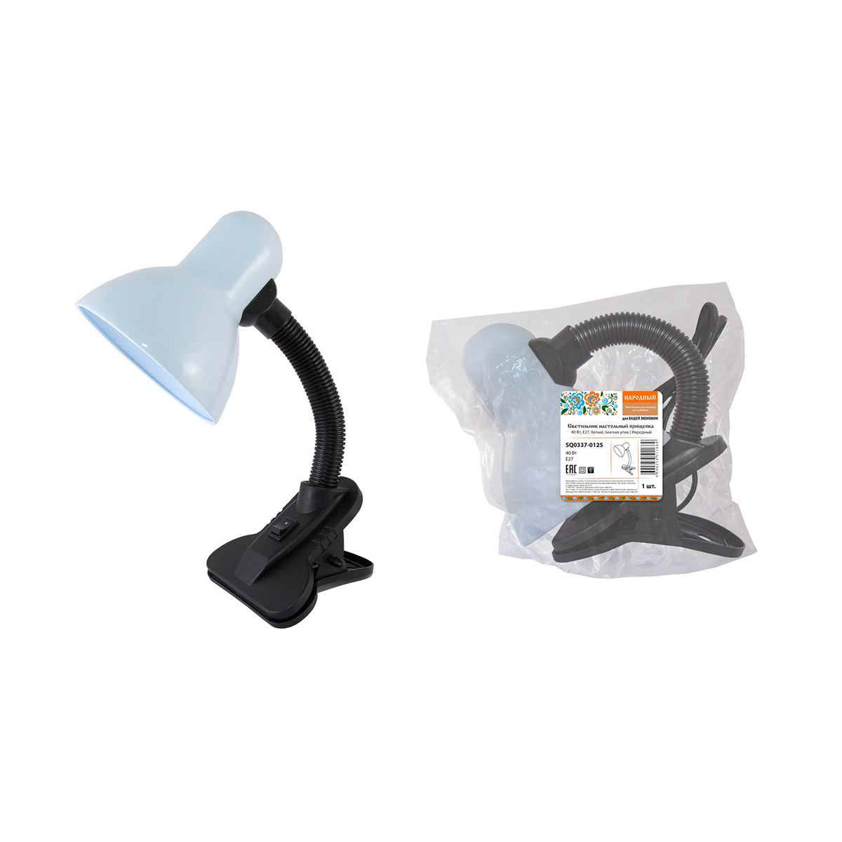 Лампа настольная прищепка 40вт, e27, белая (1/24) народная sq0337-0125