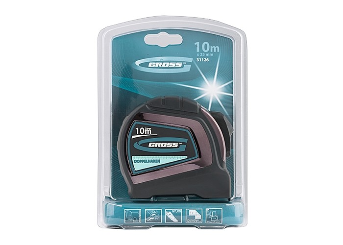 Рулетка "Doppelhaken", 10 м x 25 мм, двухсторонний зацеп, Нейлон, двусторонняя шкала, автоматическая фиксация Gross (31126)