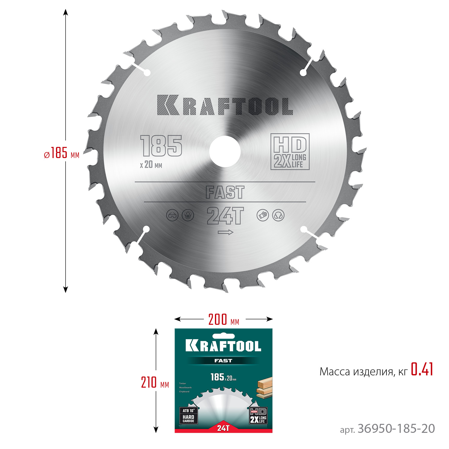 KRAFTOOL Fast, 185 х 20 мм, 24Т, пильный диск по дереву (36950-185-20)