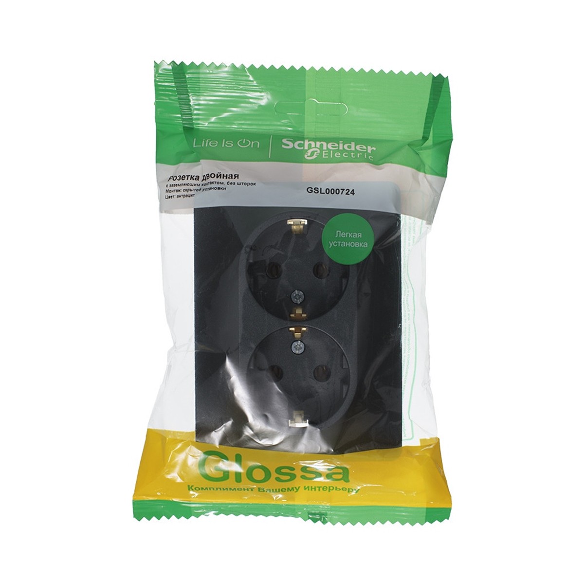 Розетка "glossa" 2-х местн. с заземл. 16а, антрацит (1/10/60) "schneider"