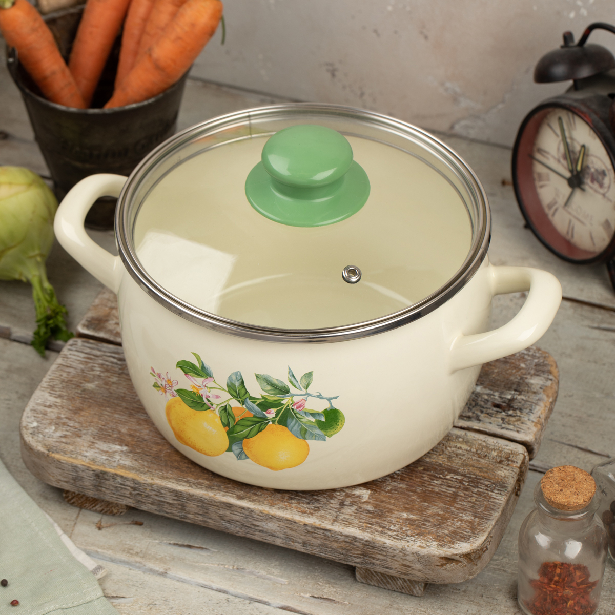 Кастрюля эмалиров. "лимоны" 3,1 л, 18 см стекл. крышка (1/4) "metrot"