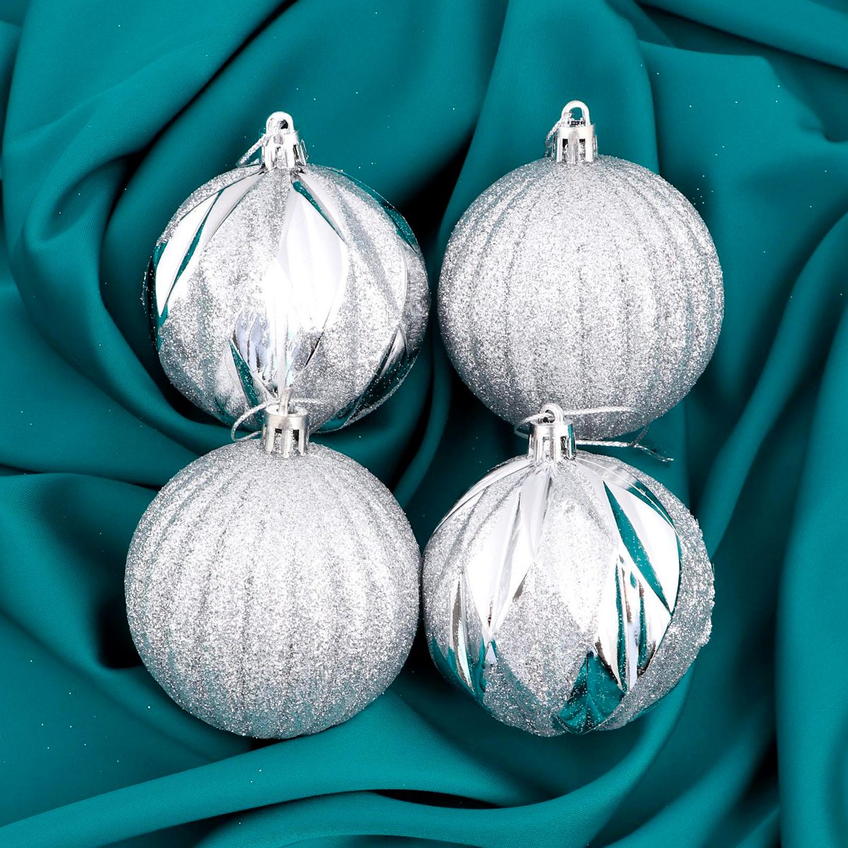 Шары новогодние d-7 см (набор 4 шт.) "сияние грани" серебро  "зимнее волшебство" 4962741