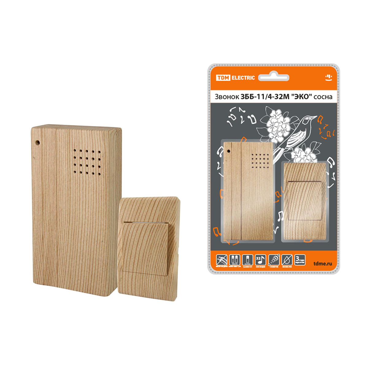 Звонок дверной беспроводной збб-11/4-32м "эко" сосна (1/60) tdm sq1901-0022